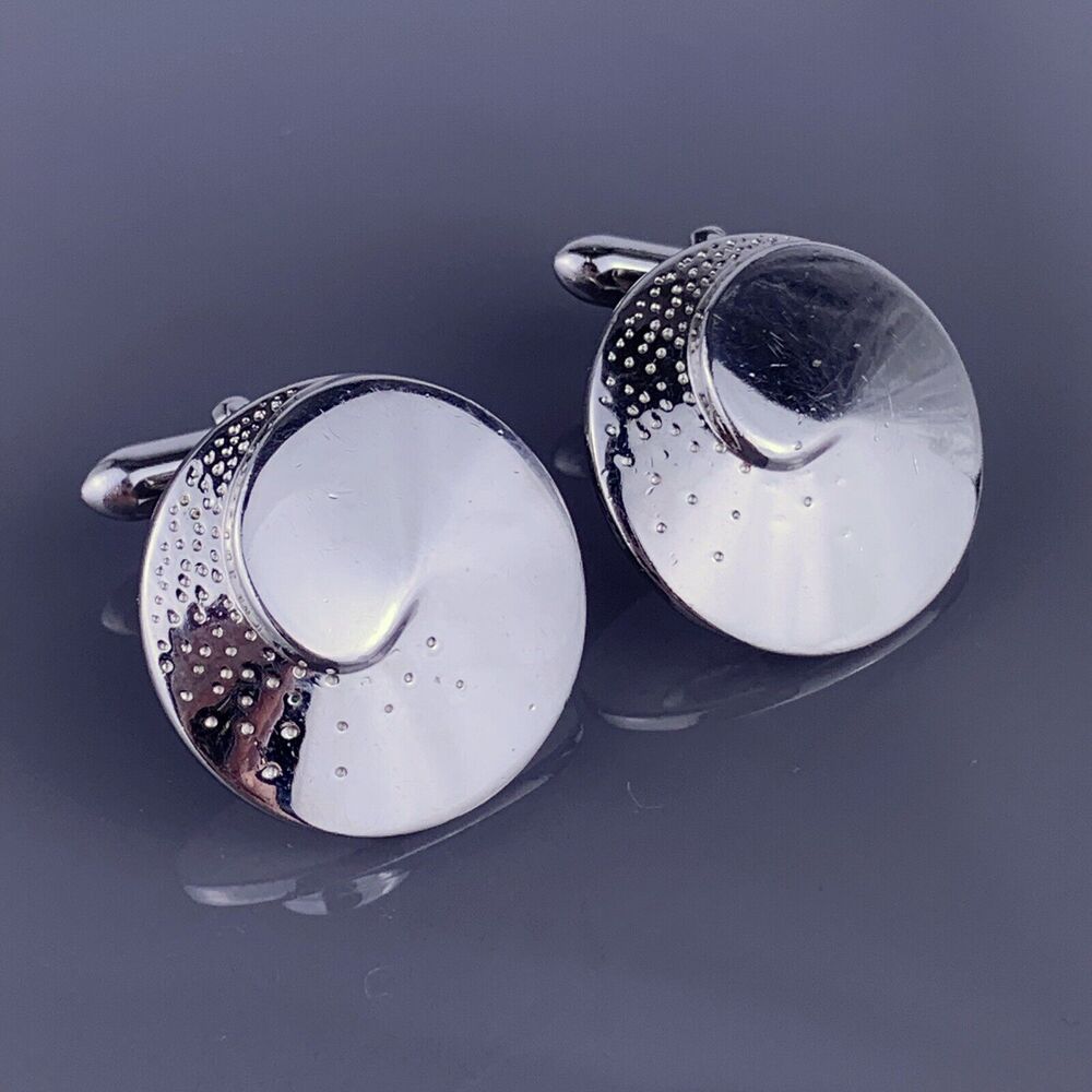 Simple Swirl Dots Round Cufflinks Silver Tone Swank 80’s Retro Formal Vintage